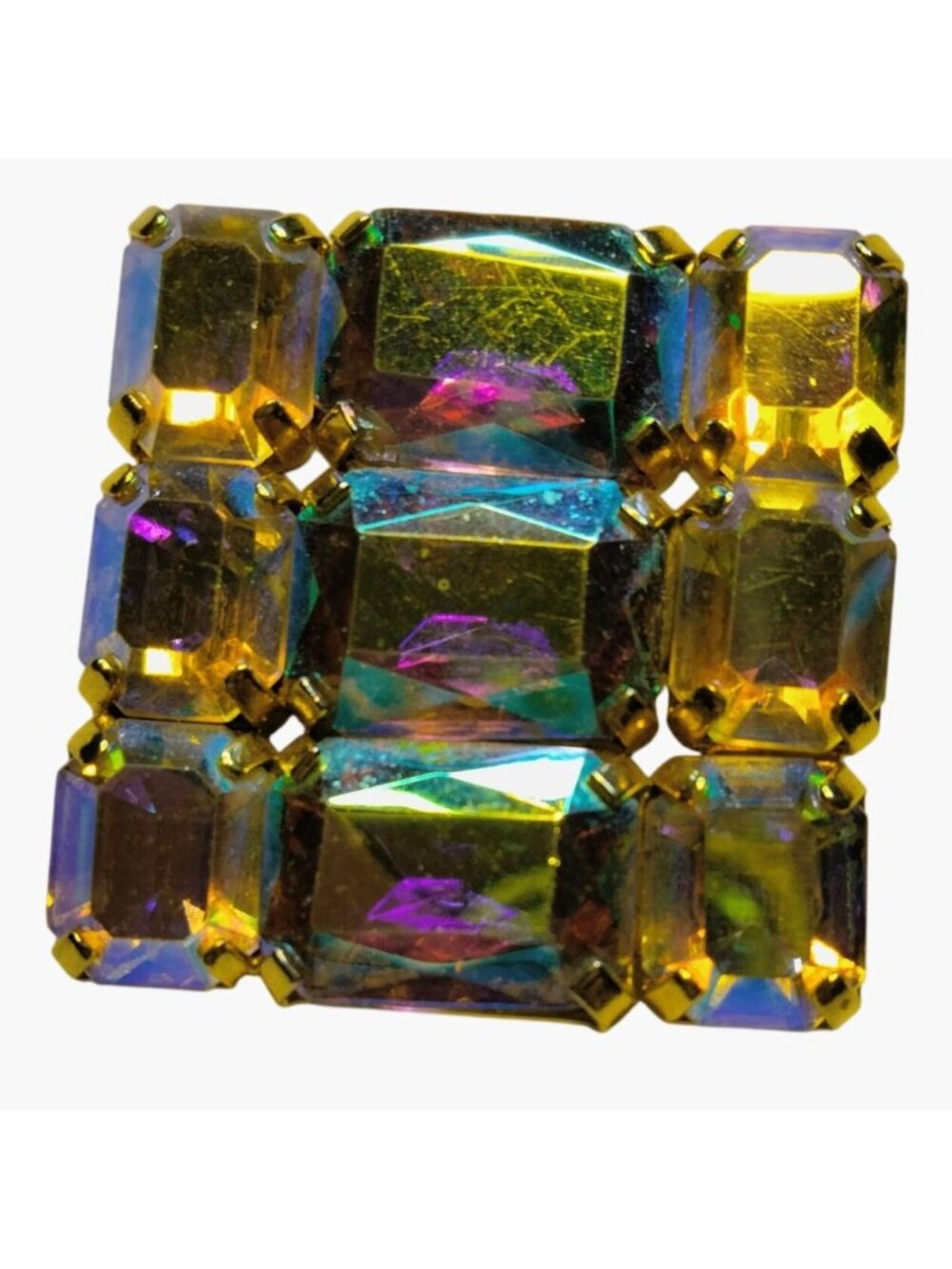 Aurora Borealis Brooch Square Rhinestone Pin Vintage Jewelry Accessory